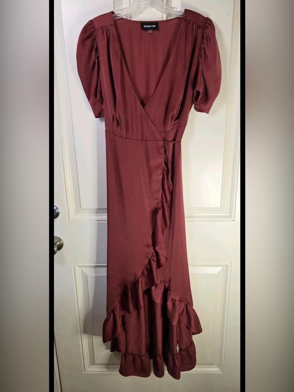 Sugar + Lips Burgundy Satin Wrap Midi Dress Puff Sleeve Ruffle Hem Romantic Sz S